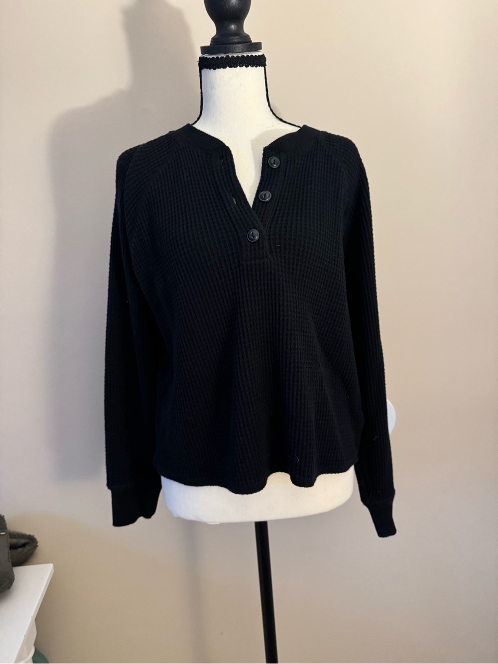 Old Navy Black Waffle-Knit Henley Sweatshirt